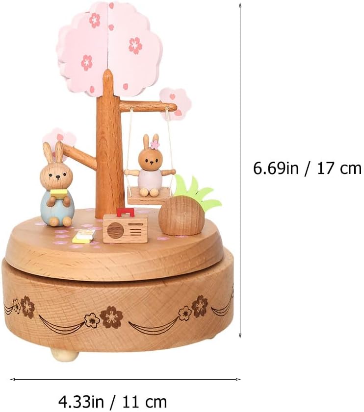Wooden Music Box Bunny Rotating Music Box Wooden Mechanical Mini Rabbit for Birthday Baby Shower Christmas Easter Party