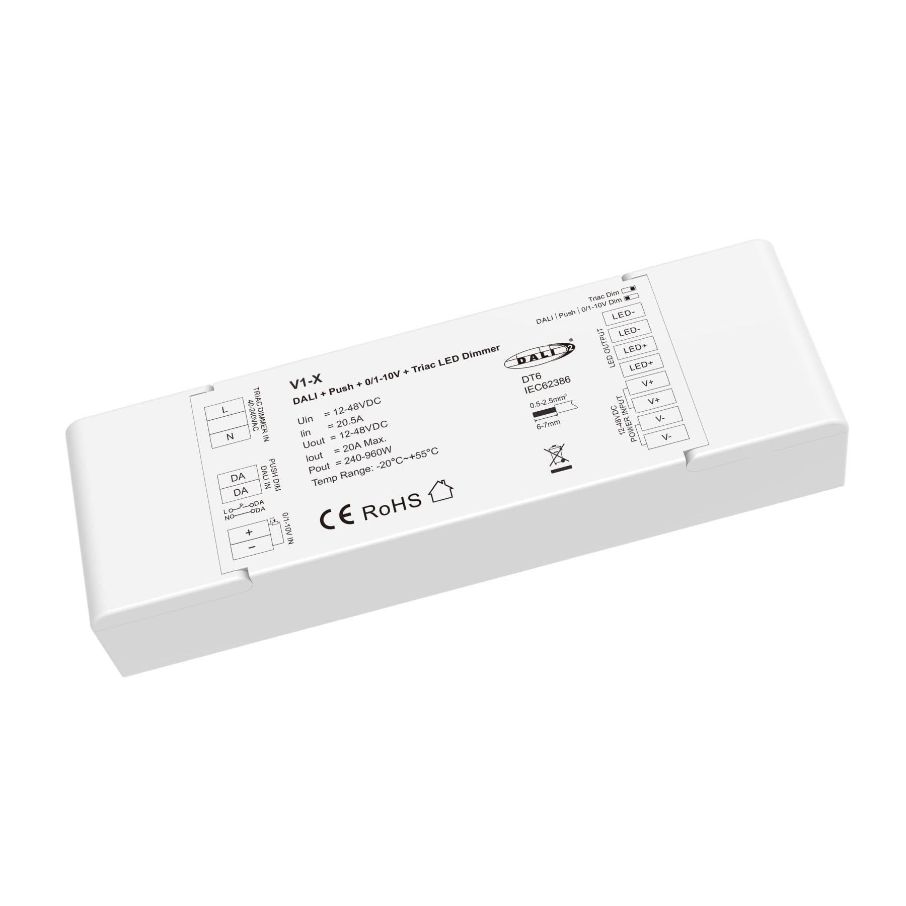 Sterownik ściemniacza LED, DALI-2 Triac AC Push DIM 0/1-10V Przycisk NO, 12 24V 36V 48V 20A, do jednobarwnego paska LED, 179 x 56 x 30 mm