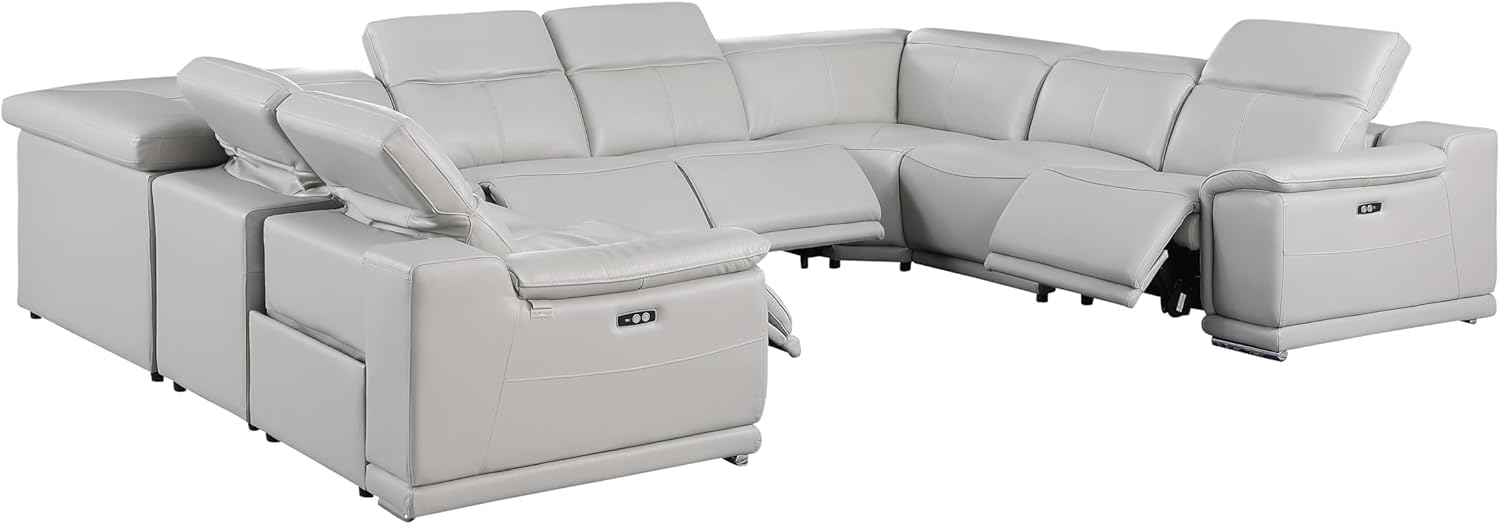 Blackjack Furniture Venice 8-Piece Top Grain Italian Leather Sectional Reclining Sofa Set with 4 Power Recliners, Adjustable Headrests, USB and Wireless Phone Charger, Light Grey
