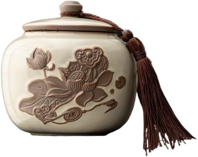 Tea Canister Ru Kiln Ceramic Tea Canister with Sealed Lid and Tassel Chinese Vintage Coffee Tea Nut Storage Tin Tea Tin(Beige)