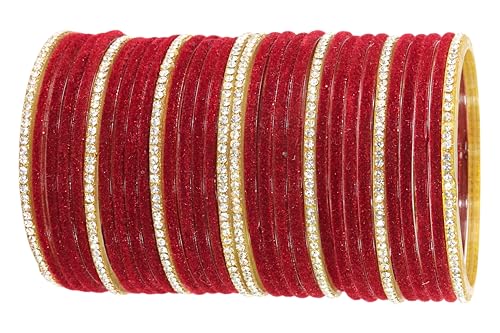 NMII Glass Golden Zircon Diamond Stone & Velvet Finish Plain Bangles Set For Women & Girls | Glass bangles maroon | velvet bangles for women | glass bangles for girls-(F192_ATM-Maroon-2.4)