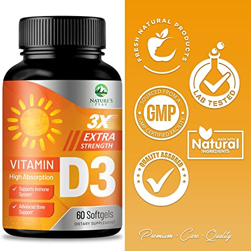 D Vitamin 5000 Iu Vitamin D3 Softgels - High Potency D3 Vitamin For Bone Health, Muscle, & Immune Support - Extra Strength 125 Mcg - Natures Non-Gmo 5000Iu D3 Supplement - 60 Softgels, 60 Day Supply #TOP3