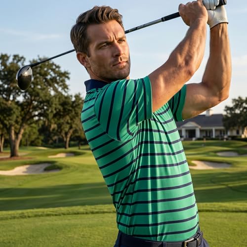Polo de algodón a rayas para hombre, suave, transpirable y elástico, con cuello y mangas cortas para golf, tenis y casual miniatura 2