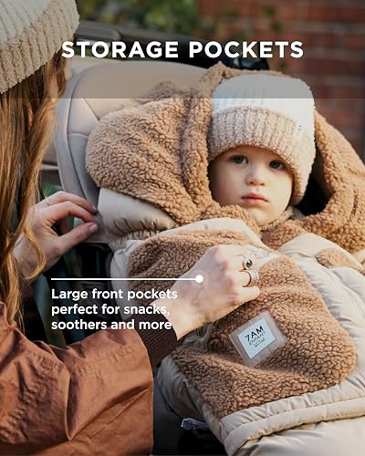 Image of 7AM Enfant Stroller & Carseat Footmuff - Adjustable Winter Car Seat & Stroller Zipper Blanket for Boy & Girl, Multi Purpose Fleece Lined Warm Hooded Sleeping Bag for Baby (Oat, Applique Cacao)
