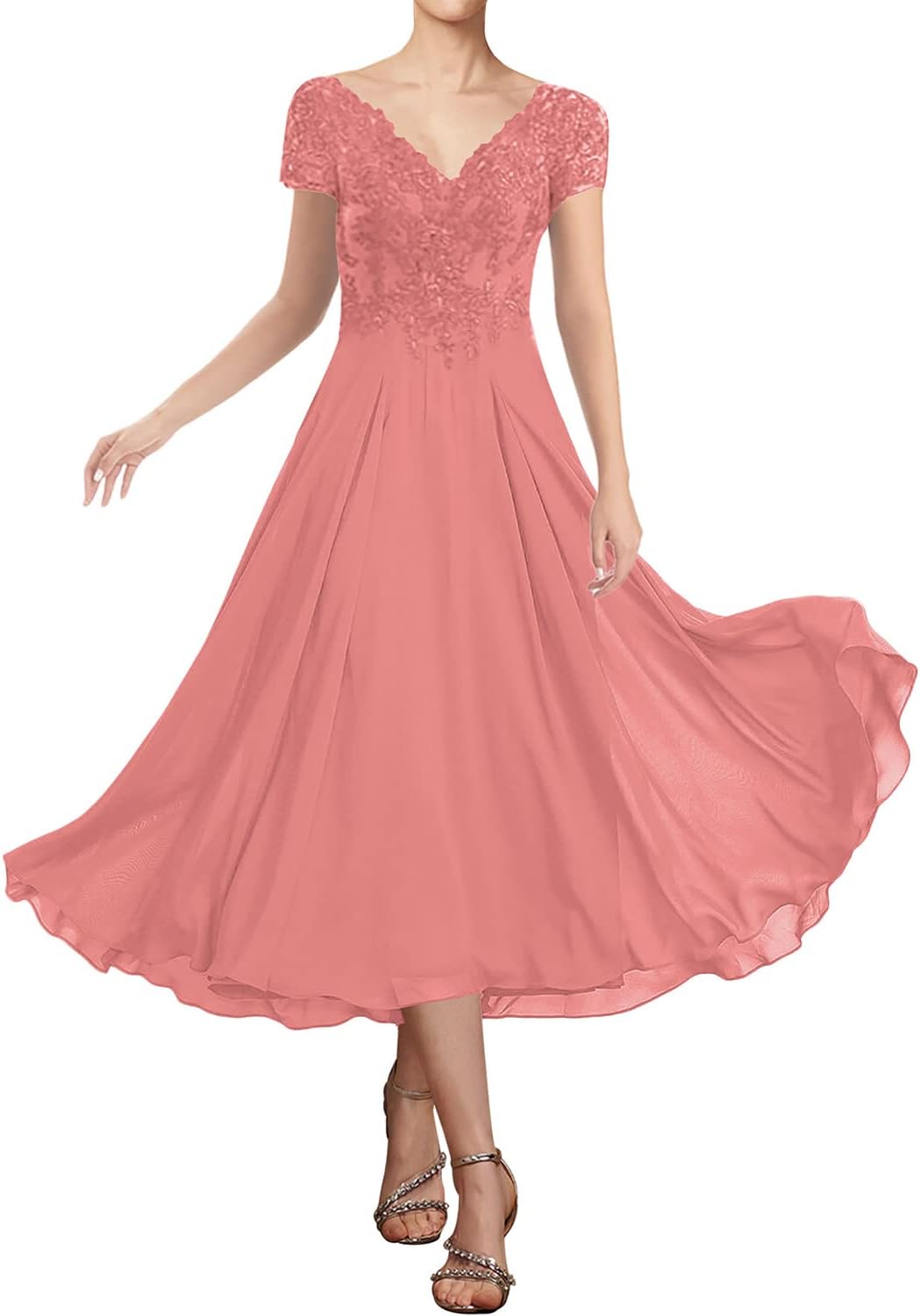 Tea Length Mother of the Bride Dresses for Wedding Lace Wedding Guest Dresses for Women Applique V Neck Short Sleeve