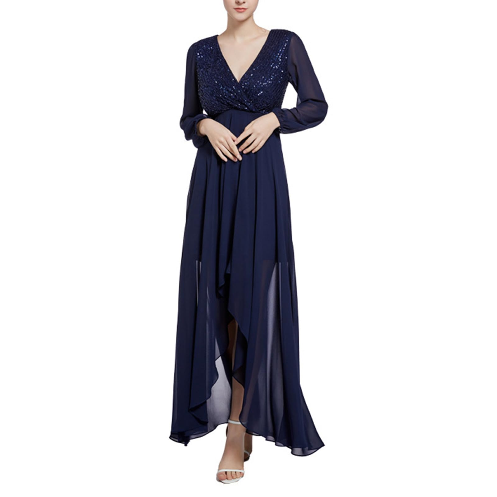 HAOLEI Vestito Paillettes Donna Lungo Maniche Lunghe Scollo a V Abito da Cerimonia Sexy Elegante Cocktail Abito Capodanno Curvy da Sposa Vestiti Taglie Forti Invernale Vestito da Sera Abiti Vintage