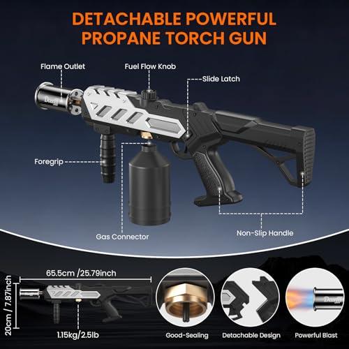 Image of Propane Torch Gun, Detachable & Adjustable Flame Thrower Gun, 1800℃ Heavy Duty Blow Torch for BBQ, Searing Steak, Campfire Starter, Ice Melting and Soldering, Sliver (Tank Not Included)