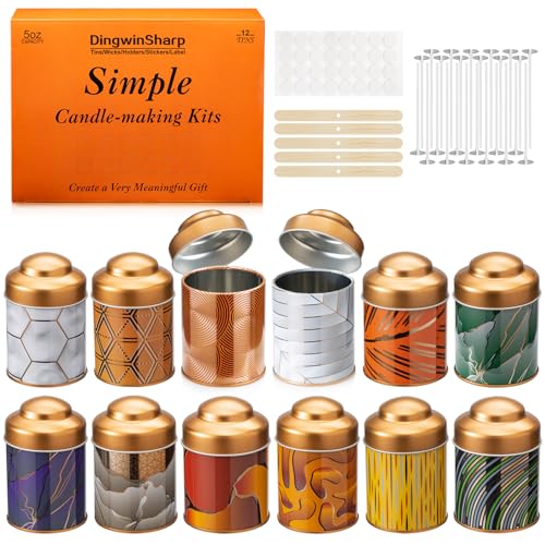 DingwinSharp 5oz Candle Tins for Making Candles - 12 Pcs Empty Candle Containers with Lids, Wicks, Wick Holders, Wick Stickers and Bottom Warning Labels(12 different pattern candle jars)