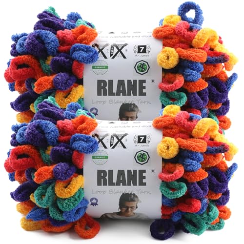Image of Loop Yarn for Finger Knitting Soft - Chunky Yarn for Hand Knitting - 2 Pack of 180 G /6.4 Oz - #7 Jumbo - 18 Yards - Chenille Blanket Yarn for Crocheting Blankets Amigurumi (2, Bright Rainbow)