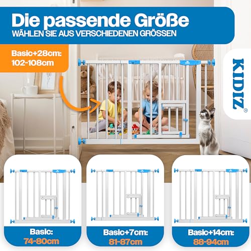 KIDIZ Absperrgitter zum Klemmen mit Katzenklappe, Türschutzgitter, Autoclose Kinder Treppengitter ohne Bohren | 90° Stopp Schutz, schwenkbar, Treppenschutzgitter, Weiß/Blau, Breite: 74-80 cm