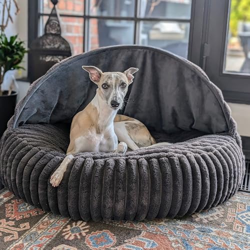 EDEL&SCHNELL orthopädisches Hundebett handgefertigt mit waschbarem Bezug inkl. Kuschelhöhle aus kuscheligem Kunstfell für in grau, Durchmesser 125 cm