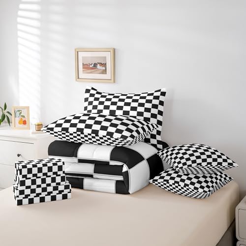 Image of Erosebridal 7 Piece Black Grid Full Comforter Set with Sheets Black and White Checkered Bedding Set Reversible Farmhouse Buffalo Plaid Bed in A Bag for Kids Boys Teen Bedroom,Gingham Bed Sets