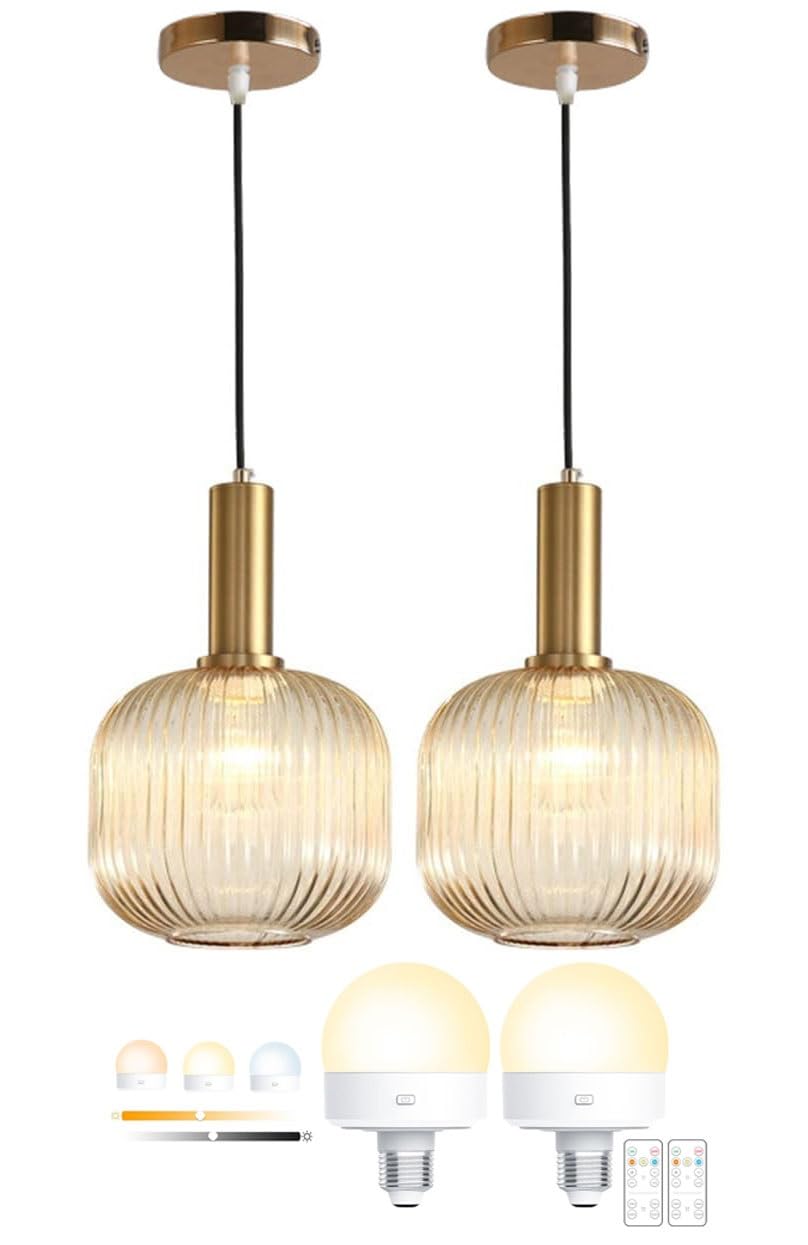 Battery Operated Wireless Pendant Lights USB Rechargeable Hanging Light with Remote Timer Modern Gold Amber Ball Chandelier Ceiling Light Fixtures for Bedroom Living Dining Room Hallway(Set of 2)