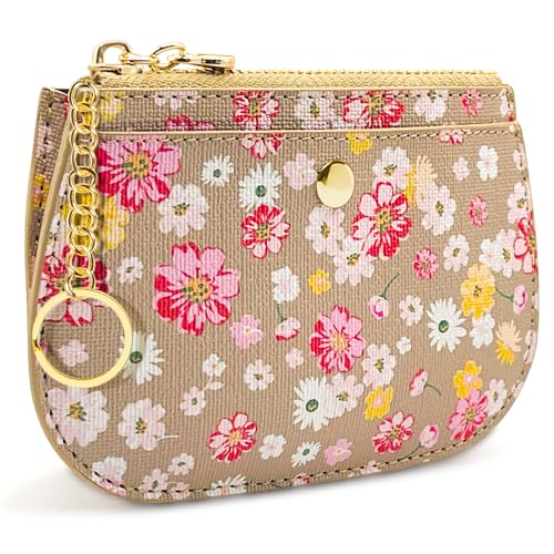 Coin Purse Wallet with Keyring, Small Zipper Pouch, Credit Card Holder, Taupe with Pink and Yellow Flowers (Taupe)
