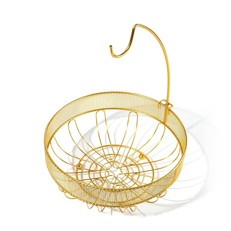 LANDTOM Gold Creative Detachable Wire Mesh Side Banana Hook Fruit Basket High-grade Fruit Plate Fruit Basket with Handle Snack Rack Desktop Storage (Gold, 28 * 27 * 35)