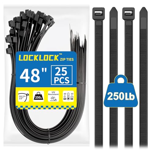 Large Zip Ties Heavy Duty Outdoor 48 inch (25 Pack) Heavy Duty Zip Ties 250 lbs Black LOCKLOCK