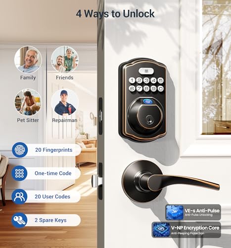 Veise Fingerprint Door Lock with 2 Lever Handles - Keyless Entry Door Lock, Electronic Keypad Deadbolt, Digital Smart Code & Front Handle Sets, Auto-Locking, Easy Installation, Oil Rubbed Bronze by Veise - Used condition - Image 3