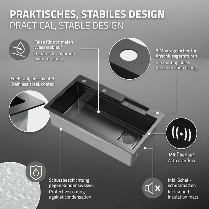 Image of Kitchen Sink | 30x18x9 Inch Waterfall Sink for Kitchen | 304 Grade Stainless Steel Basin with Honeycomb Black Finish Design Waterfall Integrated Pull Down Faucet