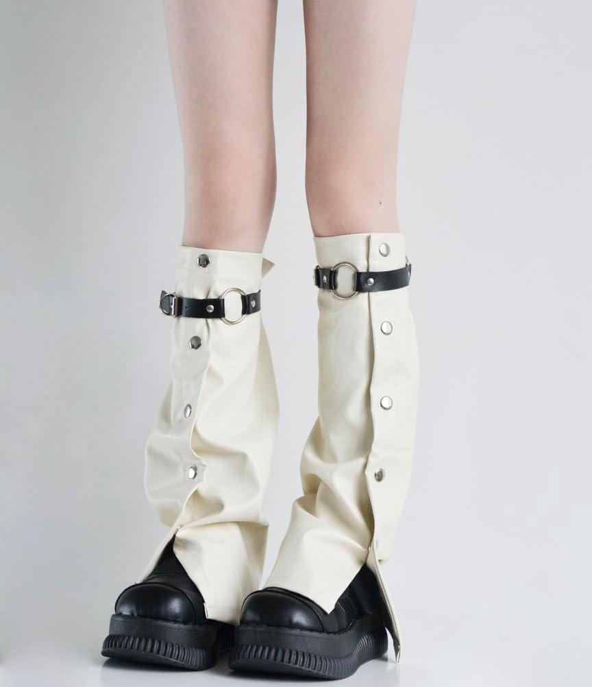 Punk Leg Warmers Women PU Leather Buttons Hippie Gothic Y2k Flared Leg Cover Sleeve Socks Streetwear
