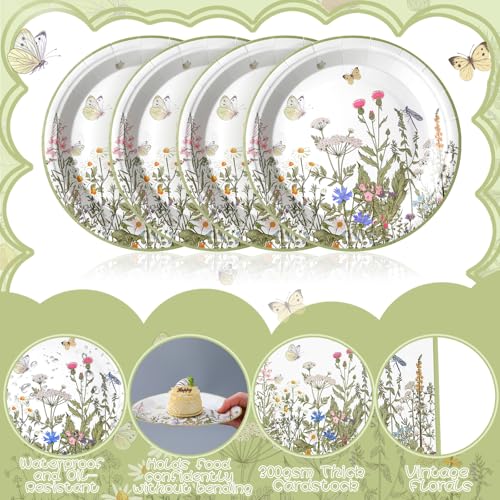 Image of Qinyoung 100 Pcs Floral Tea Party Plates and Napkins Sets Wildflower Party Supplies Floral Paper Plates and Napkins Disposable Spring Themed Baby Shower Tableware for Summer Wedding, Serve 50 Guests