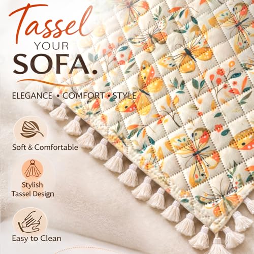 Image of HOKIPO Sunlit Butterfly Quilted Sofa Cover 5 Seater Set - Washable 3+1+1 Sofa Cover for Seat & Back with Tassel Design | 'Tassel Twigs' Series (IN-991-T3 + IN-989-T3)