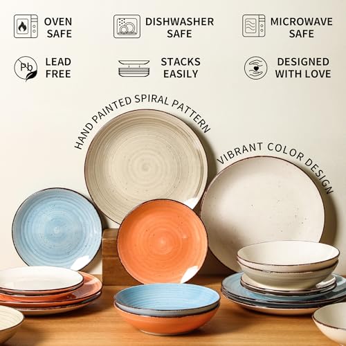 Image of Dinnerware Sets for 6, 18 Piece Stoneware Plates and Bowls Set, Blue | Dishware Sets Kitchen, Chip & Scratch Resistant Ceramic, Microwave & Dishwasher Safe