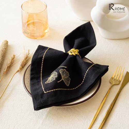 Image of R home Black Leaf Luxe Cotton Slub Table Napkins Set of 6 | 45x45 cm | Zari Embroidered Cloth Napkins | Elegant Dining & Cocktail Napkins | Premium Table Linen for Dining, Parties & Home Decor