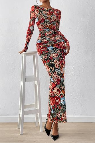 PRETTYGARDEN Women's Long Sleeve Bodycon Dresses 2025 Fall Sexy Floral Mesh Slit Ruched Tight Maxi Wedding Guest Dress4