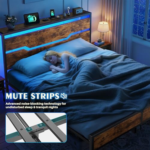 Image of Homkdom Queen Bed Frame with USB Ports & LED Lights, Headboard Shelf, Heavy Duty Metal Platform with 10.24 inch Underbed Storage, Noise-Free Slats, No Box Spring Needed, Modern Brown