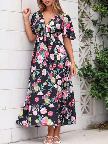 Image of Flessibili Womens Short Sleeve Floral Maxi Dresses 2026 Spring Wedding Guest Party Summer Dress Black Floral X-Large