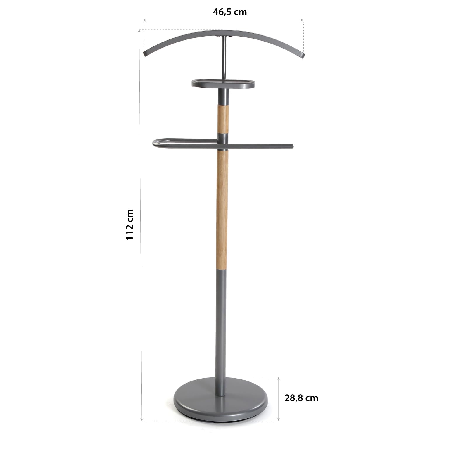 Versa Holstebro Valet de Nuit Multifonctionnel avec 2 Perchoirs Penderie pour Vêtements Homme ou Femme Valet de Chambre, Dimensions (H x l x L) 112 x 28,8 x 46,5 cm, Métal et Bois, Couleur: Gris
