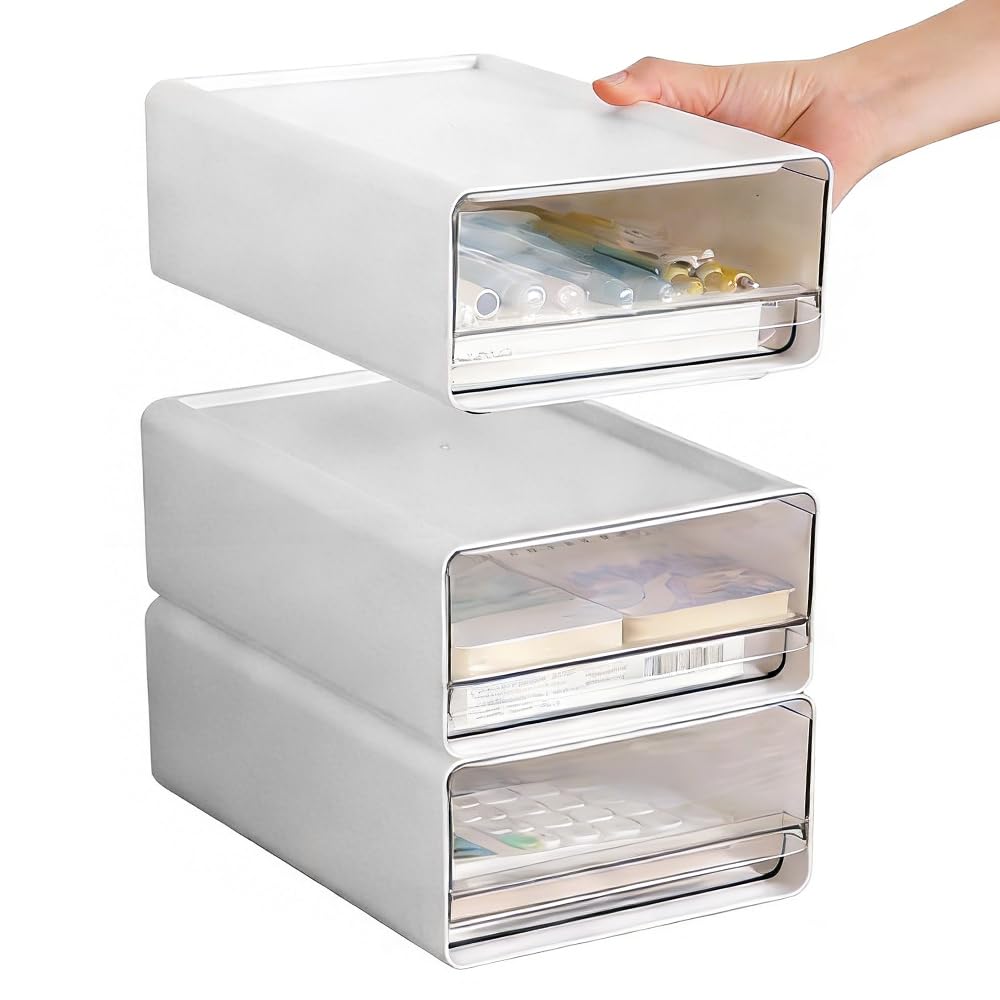 3 Pz Organizer da Scrivania con Cassetti Scatola Portaoggetti da Scrivania in Plastica Organizzatore Cassetti Plastica Impilabile Piccoli Cassetti Portaoggetti Plastica per Ufficio Casa Scuola
