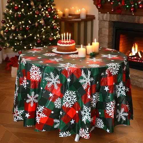 Image of Ganeen 6 Pcs Christmas Buffalo Plaid Snowflake Decoration Red Green Snowflake Winter Plastic Tablecloth Winter Party Wonderland Decorations Xmas Table Cover for Christmas Holiday Birthday Party Supply