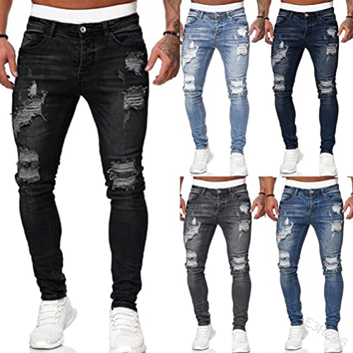 Onsoyours Jean Troué Homme Style Hip Hop Détruit Trou Pantalon en Denim Extensible Couleur Unie Jeans Trou Cassé Streetwear Jeans Moulants Trekking Cargo Vintag A Bleu Foncé M