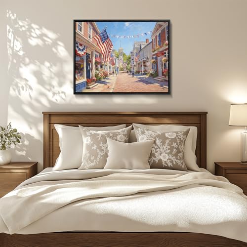 Image of American Flag Framed Canvas Wall Art, 4th of July Red White Blue Canvas Prints, USA Flag with Small Town Street Patriotic Decorations, Independence Day Wall Decor for Bedroom Living Room 12x16