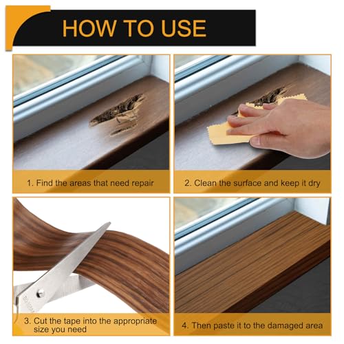 Image of HARFINGTON Wood Grain Repair Tape 6 Inch x 33ft Self Adhesive Repair Patch Tape Simulated Wooden Floor Tapes with Plastic Scraper for Tables Doors Windows Furniture, Light Brown Wood