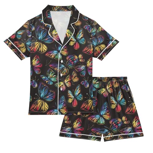 senya Butterflies Magic Satin Summer Pajama Sets Silk Short Sleeve Button Down Sleepwear