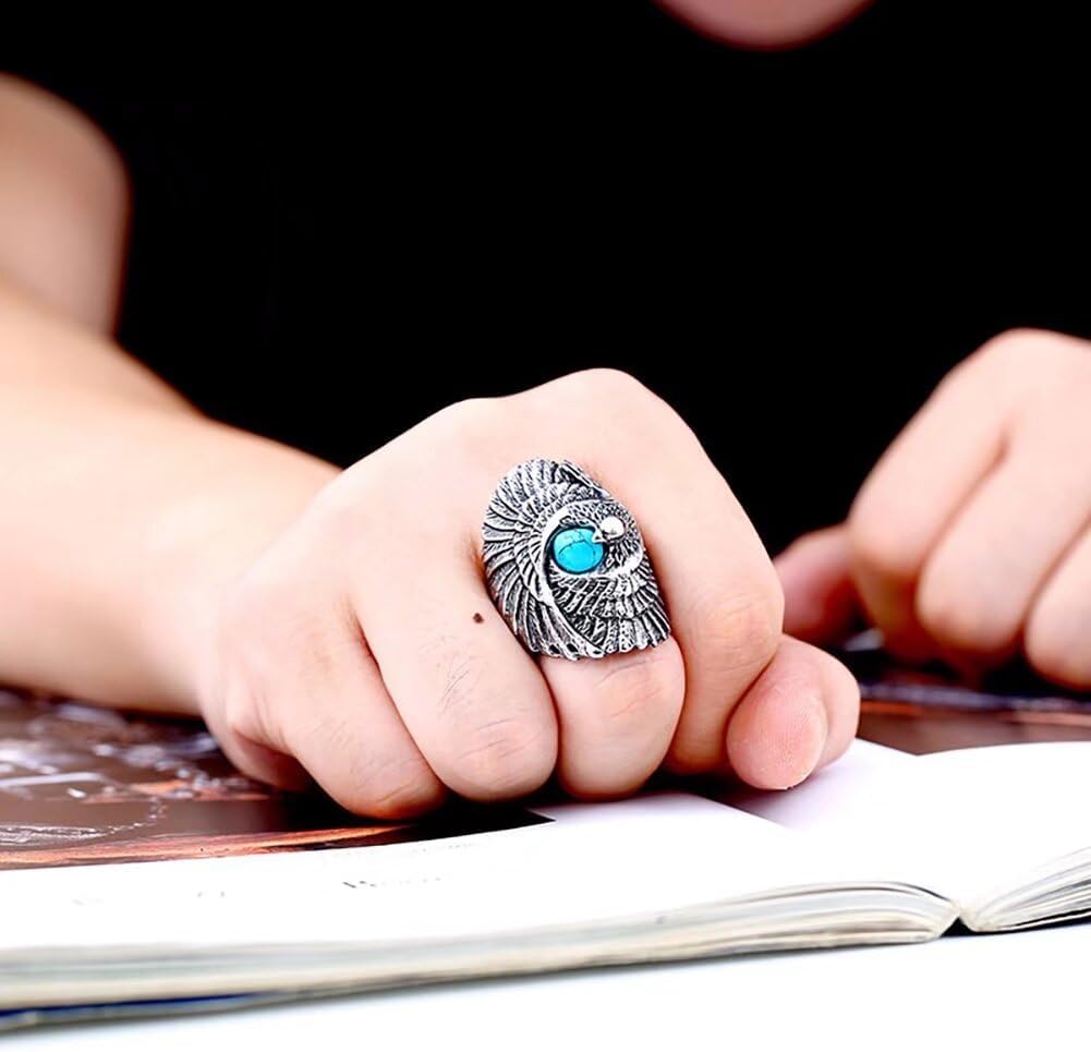 Mens Stainless Steel Turquoise Stone Eagle Rings Gothic Ring Silver Black Size 7-13 - Image 5