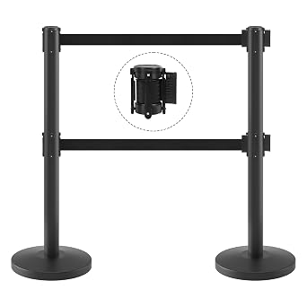 kaiyomi 2 Pack Stanchions with Retractable Barriers Double Layer Black | Heavy-Duty Base Stanchions Set, Crowd Control Barriers Posts 11 Feet Retractable Belts with Buffer Device