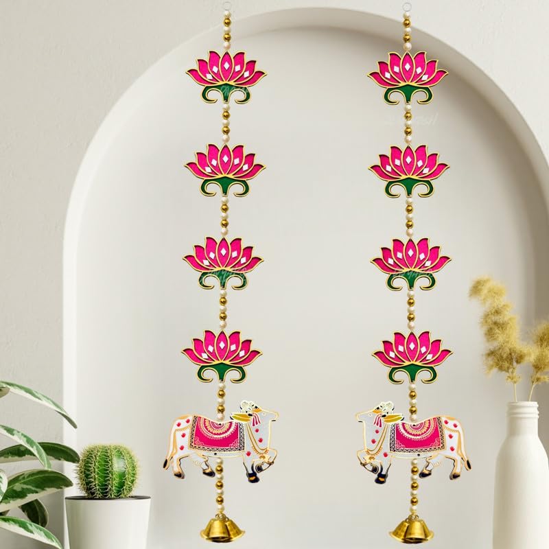 Divyakosh Door Decoration Items Hanging, Entry Door Decoration Items, Pooja Decoration Items, Handmade Pink Lotus with Cow Hanging for Home Decoration | 2 Pieces | 26 Inch |-image-42