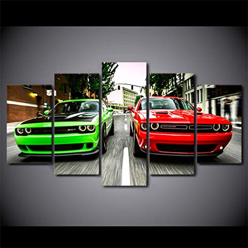 Canvas Art Green Red Dodge Challenger Srt Hellcat And Red Sports Car Painting Prints Wall Art Picture Modern Artwork For Kitchen Office Wall Decor Home Decorations, 5 Pieces (No Frame,12X18Inch-2P 12X24Inch-2P 12X30Inch-1P) #TOP2