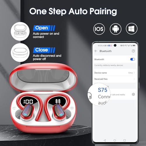 Image of Wireless Earbuds, Bluetooth 5.4 Headphones Sport, Over Ear Buds with ENC Noise Canceling Mic, Deep Bass Stereo Ear Buds with Hook, 50H Playback, LED Display, IP7 Earphones for Workout Running, Red