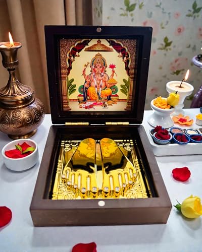 Image of Ganesh Ji Golden Charan Paduka Foldable Mandir | Mini Puja Mandir for Home, Office & Car | Diwali & Ganesh Chaturthi Spiritual Gift | Religious Gift for Mom & Dad (Ganesh Ji)