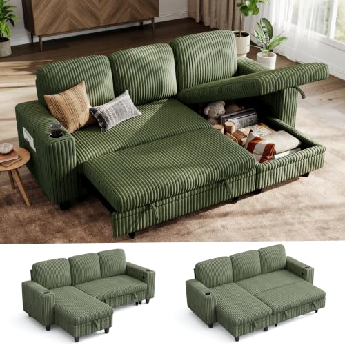 Image of LINSY HOME Sectional Couch with Pull Out Bed, 81 inch 3 Seat Sleeper Sofa Green | Modular couches for small spaces, storage chaise lounge, cup holders, charging station, side pocket, living room, apartment