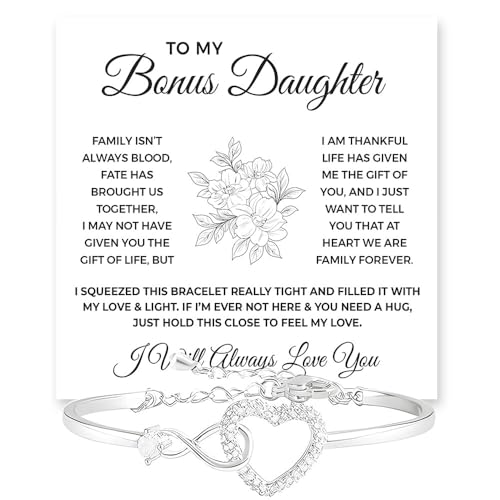 To My Bonus Daughter Heart Bracelet, Bonus Daughter Gift From Step Mom Dad, To My Stepdaughter Bracelet, Goddaughter Jewelry with Message Card and Box, Birthday Graduation Christmas Gift
