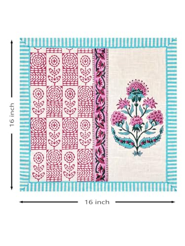 Image of BLOCKS OF INDIA Hand Block Printed Cotton Linen Cushion Cover (16 x 16 inches) (DYE Turq Pink Half)