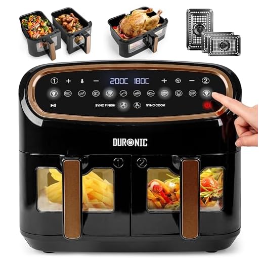 Duronic Dual Air Fryer AF34 BG 10L Digital Large Dual Zone Basket with Visual Window 3 Drawer Double Multi Cooker Oven Grill for Family Healthy Recipes Chicken Thighs Roast Potato Chips - Black Gold