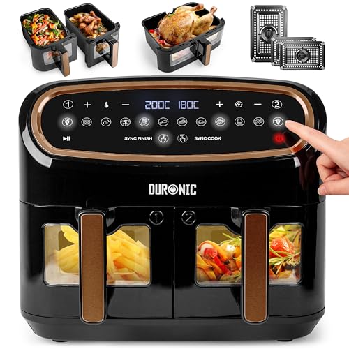 Duronic AF34 BG Set Friteuse à Air avec 1 grand tiroir de 10L et 2 petits tiroirs de 5L inclus | 10 Programmes de Cuisson Préréglés | Sans huile | Fonctions Sync Cook Sync Finish