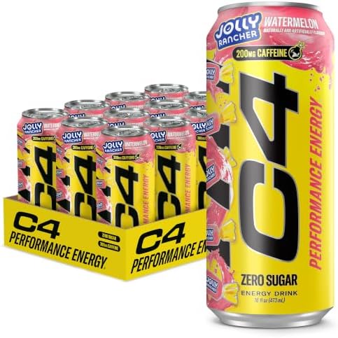 Cellucor C4 Performance Energy Drink | JOLLY RANCHER Watermelon | Zero Sugar Carbonated Preworkout Energy | 200mg Caffeine with Beta Alanine | 16 Fl Oz (12 Pack)