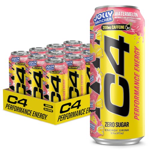 Image of C4 Performance Energy Drink, Jolly Rancher Watermelon, Zero Sugar Carbonated Preworkout Energy, 200mg Caffeine with Beta Alanine, 16 Fl Oz (12 Pack)
